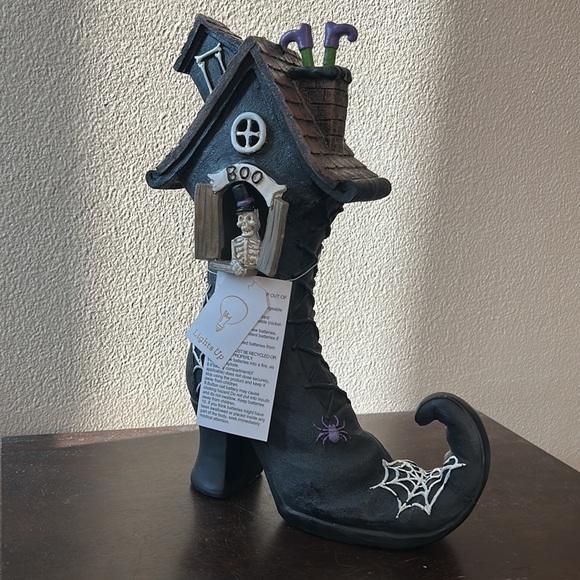 New Halloween Witch Boot House Light Up Skeleton Figurine Statue Tabletop 12" - Picture 3 of 9